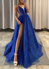 A Line V Neck Spaghetti Straps Long Floor Length Tulle Prom Dress With Appliqued Glitter Split Left