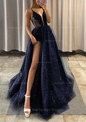 A Line V Neck Spaghetti Straps Long Floor Length Tulle Prom Dress With Appliqued Glitter Split Left