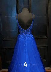 A Line V Neck Spaghetti Straps Sweep Train Tulle Prom Dress With Appliqued