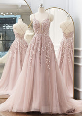 A Line V Neck Spaghetti Straps Sweep Train Tulle Prom Dress With Appliqued Beading