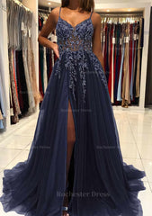 A Line V Neck Spaghetti Straps Sweep Train Tulle Prom Dress With Beading Sequins Split