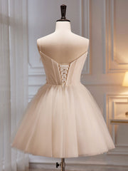 A-Line V Neck Tulle Light Champagne Short Prom Dress, Champagne Homecoming Dress