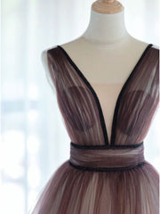 A-Line V Neck Tulle Long Brown Prom Dresses, Tulle Long Evening Dresses