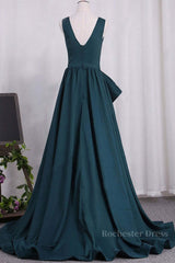 A Line V Neck V Back Green Satin Long Prom Dresses, Long Green Formal Evening Dresses