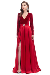 A-line V Neck Velvet Long Prom Dresses