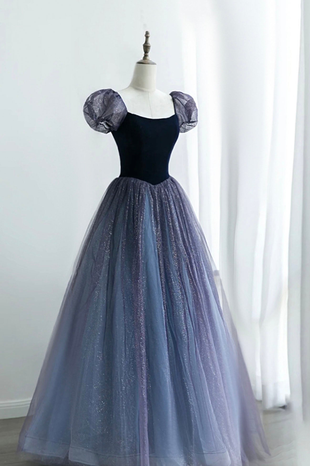 A-Line Velvet Tulle Long Prom Dress, Cute Short Sleeve Evening Party Dress