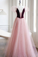 A-Line Velvet Tulle Long Prom Dress, Pink Short Sleeve Formal Evening Dress