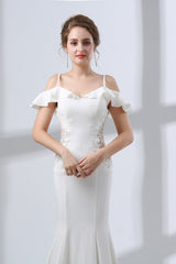 A-Line White Satin Short Sleeve Off the Shoulder Prom Dresses