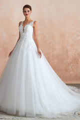 A-line with Sequined Appliques Tulle Illusion Back Wedding Dresses