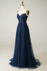 A Line Spaghetti Straps Navy Prom Dress With Appliques