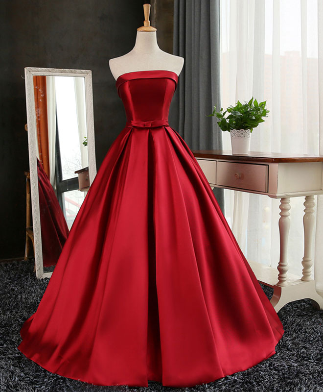 Aline Burgundy Satin Long Prom Gown,  Evening Dress