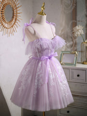 Aline Lace Short Purple Prom Dress,  Puffy Purple Homecoming Dress