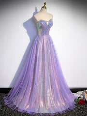 Aline Purple Sweetheart Neck Tulle Long Prom Dress, Purple Evening Dress