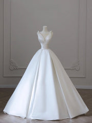 White V-Neck Satin Long Formal Dress, Elegant A-Line Wedding Party Dress