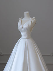 White V-Neck Satin Long Formal Dress, Elegant A-Line Wedding Party Dress