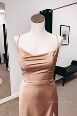 Backless Champagne Long Prom Dress with High Slit, Long Champagne Formal Graduation Evening Dress