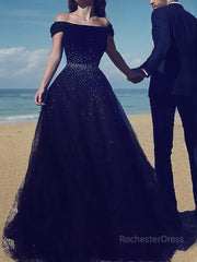 Ball Gown Off-the-Shoulder Sweep Train Tulle Prom Dresses With Beading