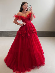 Ball Gown Off-the-Shoulder Sweep Train Tulle Prom Dresses With Flower