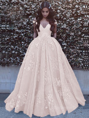 Ball Gown Off-the-Shoulder Sweep Train Tulle Prom Dresses With Pockets