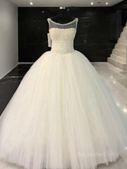 Ball Gown Scoop Floor-Length Tulle Wedding Dresses With Beading