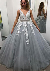 Ball Gown Sleeveless Long Floor Length Tulle Prom Dress With Lace Appliqued Beading