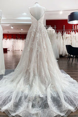 Beautiful Long A-line Tulle Lace V Neck Open Back Wedding Dresses