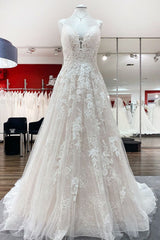 Beautiful Long A-line Tulle Lace V Neck Open Back Wedding Dresses