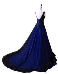 Black and Blue V-neckline Lace Applique Long Formal Dress, Black and Blue Prom Dress