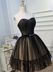 Black and Champagne Tulle Sweetheart Lace Short Party Dress, Tulle Homecoming Dresses