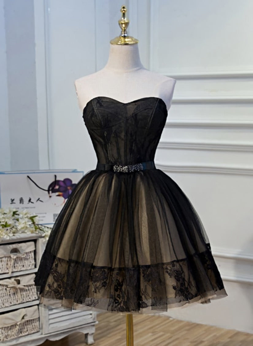 Black and Champagne Tulle Sweetheart Lace Short Party Dress, Tulle Homecoming Dresses