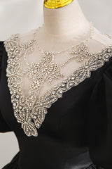 Black Ball Gown with Beaded, Black Short Sleeve Formal Evening Dress