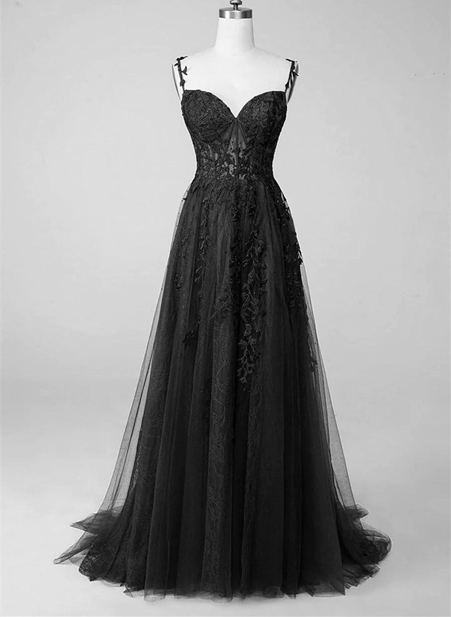 Black Lace Straps Beaded A-line Prom Dress Party Dress, Black Floor Length Formal Dress