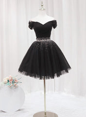 Black Off Shoulder Beaded Tulle Short Prom Dress, Black Homecoming Dress Formal Dress