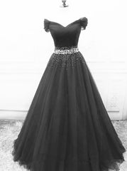 Black Off Shoulder Tulle Lace Beaded A-line Prom Dress, Black Junior Party Dresses