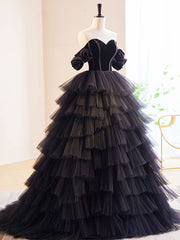 Black Off Shoulder Tulle Long Prom Dress, Black Formal Evening Dress