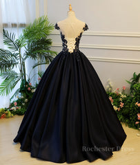 Black round neck satin long prom gown, black evening dress