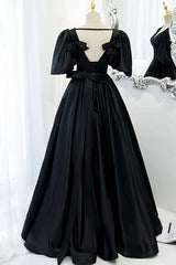 Black Satin Deep V-neckline Long Formal Dress, Black Evening Dress Prom Dress