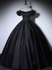 Black Satin Long Prom Dresses, Black Long Formal Sweet 16 Dress