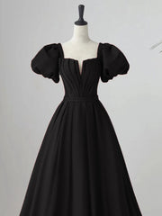 Black Satin Puffy Sleeves Long Evening Party Dress, Black Long Prom Dress