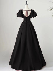 Black Satin Puffy Sleeves Long Evening Party Dress, Black Long Prom Dress