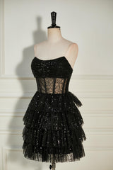 Black Sequined Strapless Multi-Layers Tulle Cocktail Dress