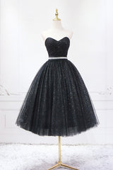 Black Strapless Shiny Tulle Tea Length Prom Dress, Black A-Line Homecoming Dress