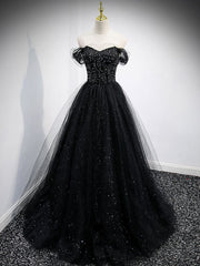 Black Sweetheart Off Shoulder Tulle Long Prom Dress, Black Evening Dress