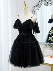 Black Sweetheart Straps Tulle Homecoming Dress, Black Off Shoulder Prom Dress