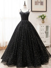 Black Sweetheart Straps Tulle Long Evening Gown, Sleeveless Floor-Length Prom Dresses