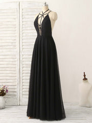 Black Tulle Backless Long Prom Dress, Black Evening Dress