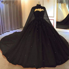 Black Tulle Ball Gown Wedding Party Dress with Cap, Black Lace Formal Gown