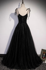 Black Tulle Beaded Long Prom Dress, A-Line Spaghetti Straps Evening Dress