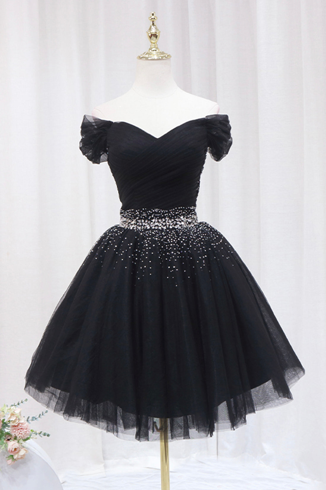 Black Tulle Beaded Short Prom Dress, Off Shoulder Evening Party Dress