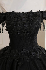 Black Tulle Lace Long Prom Dress, Black A-Line Evening Gown